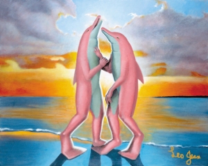 "Walkin' Dolphins" ©Leo Jean (Original painting 4' x 5'; acrylic on mahogany board)